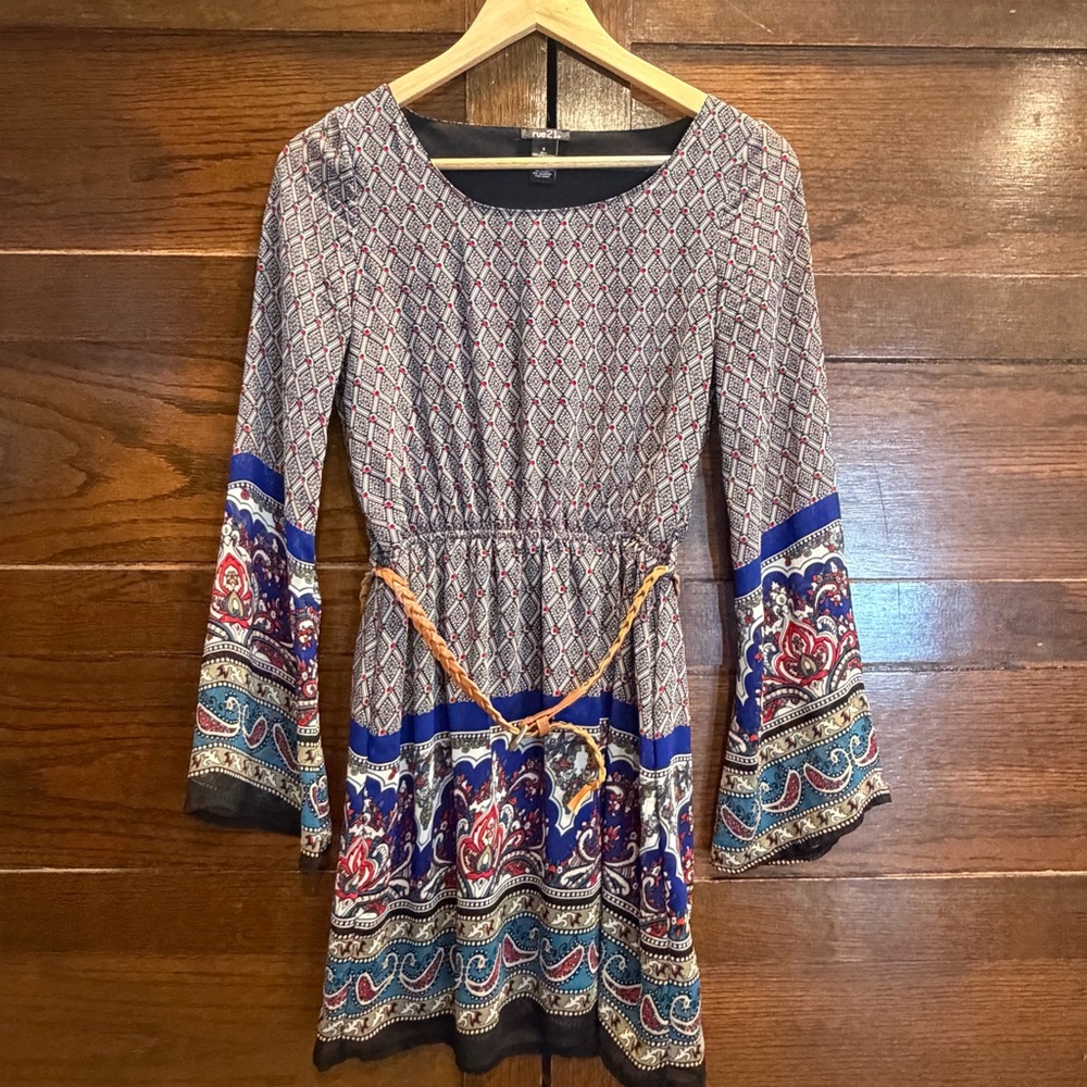 Rue21 small Long bell Sleeve mini Dress babydoll paisley belted Y2K vintage boho